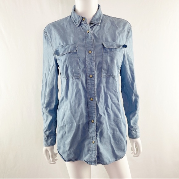 AllSaints Size 4 Blue Long Sleeve Chambray Denim Button Down Shirt - Picture 1 of 10